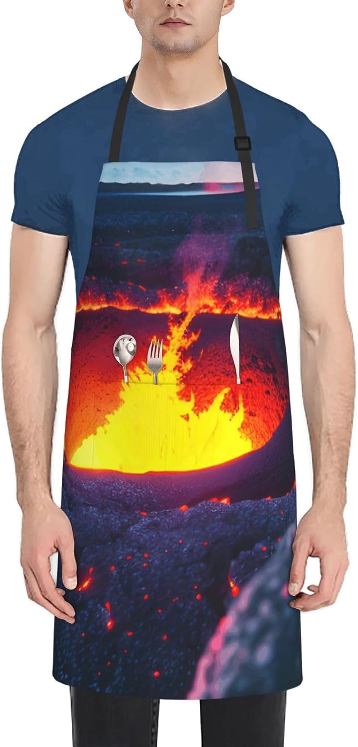 YANYU Kilauea Volcano Print 28x33 In Kitchen Apron Stylish Chef Apron with Pockets for Cooking Baking Painting