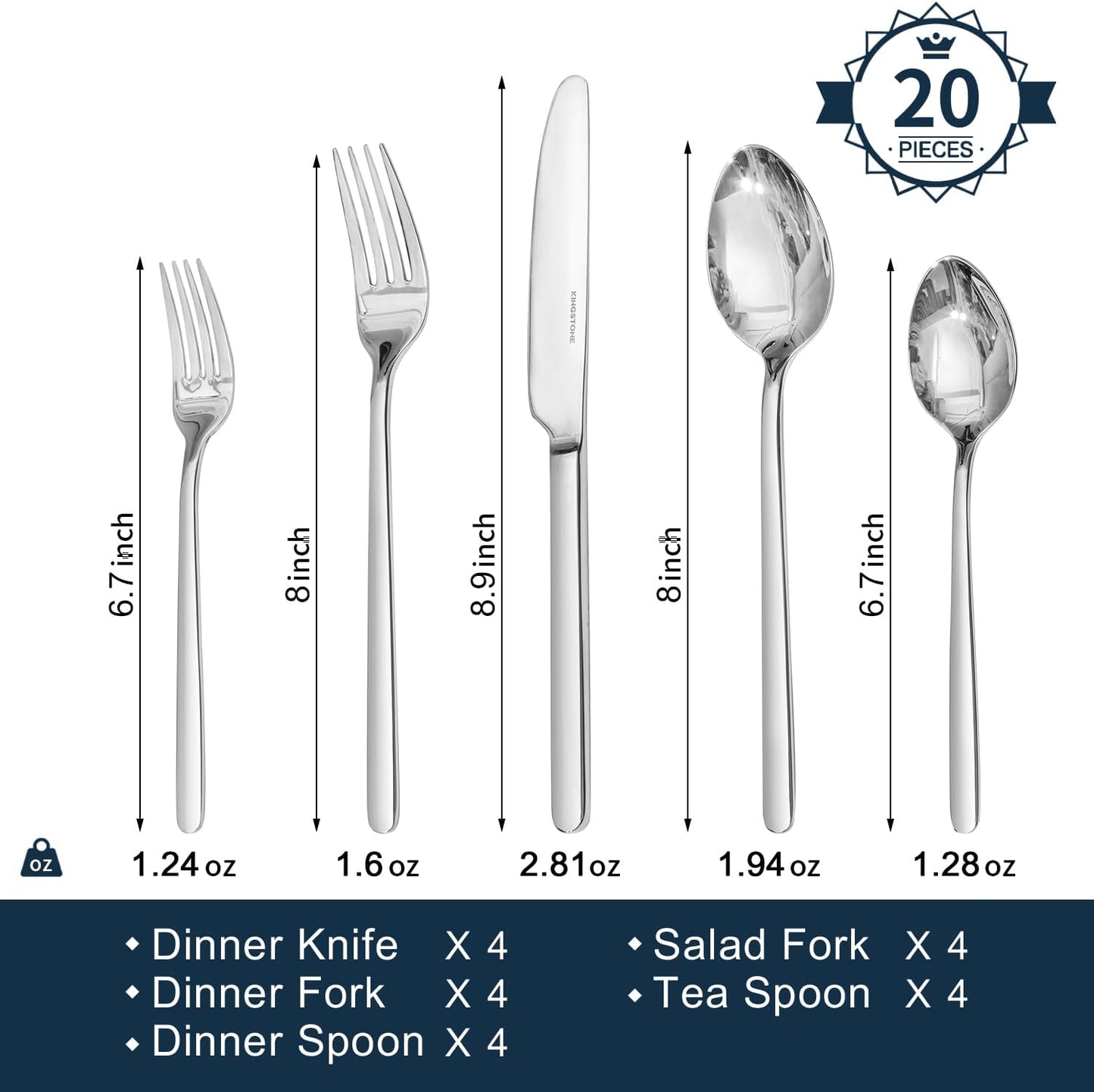 KINGSTONE Silverware Set, 20 Piece Flatware Cutlery Set for 4, 18/10 S