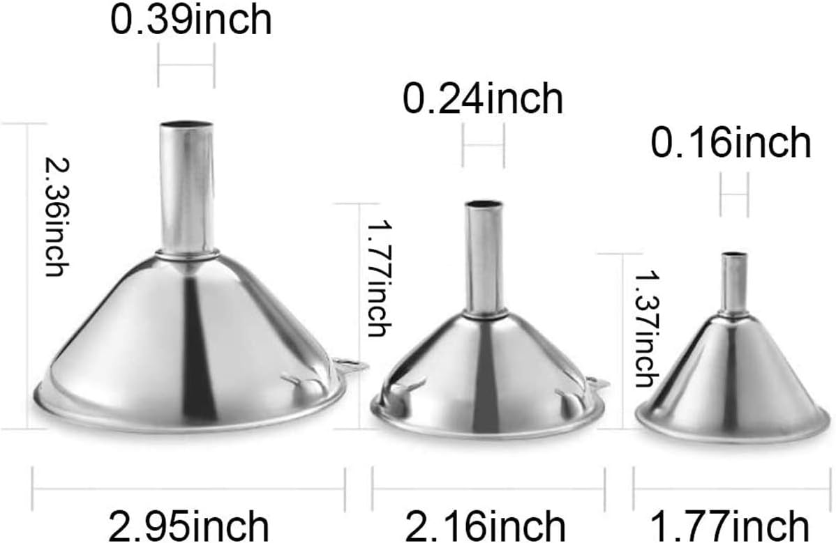 Metal Stainless Steel Funnel, Large Medium Small Funnel Set of 3, Food Grade Mini Kitchen Funnels for Transferring Essential Oils, Liquid, Fluid, Small Funnels for Filling Bottles Flask Cooking