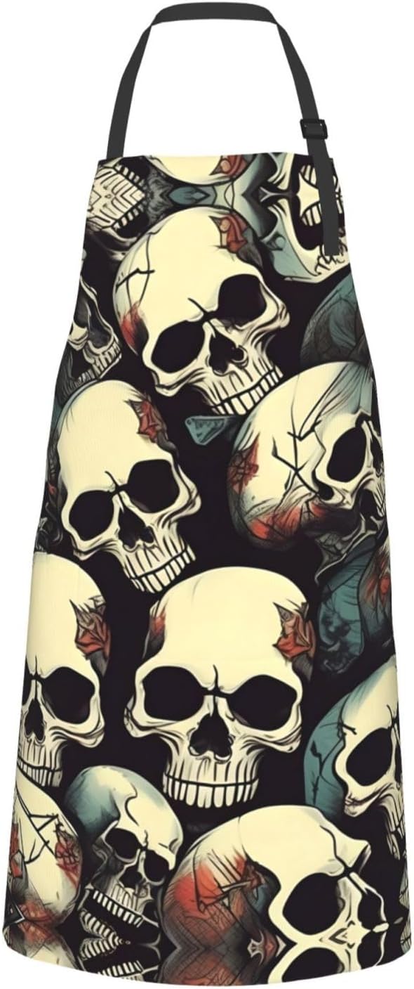 Skull Skeleton Print 28x33 In Adult Kitchen Apron with Pockets Versatile Chef Smock for Cooking Baking