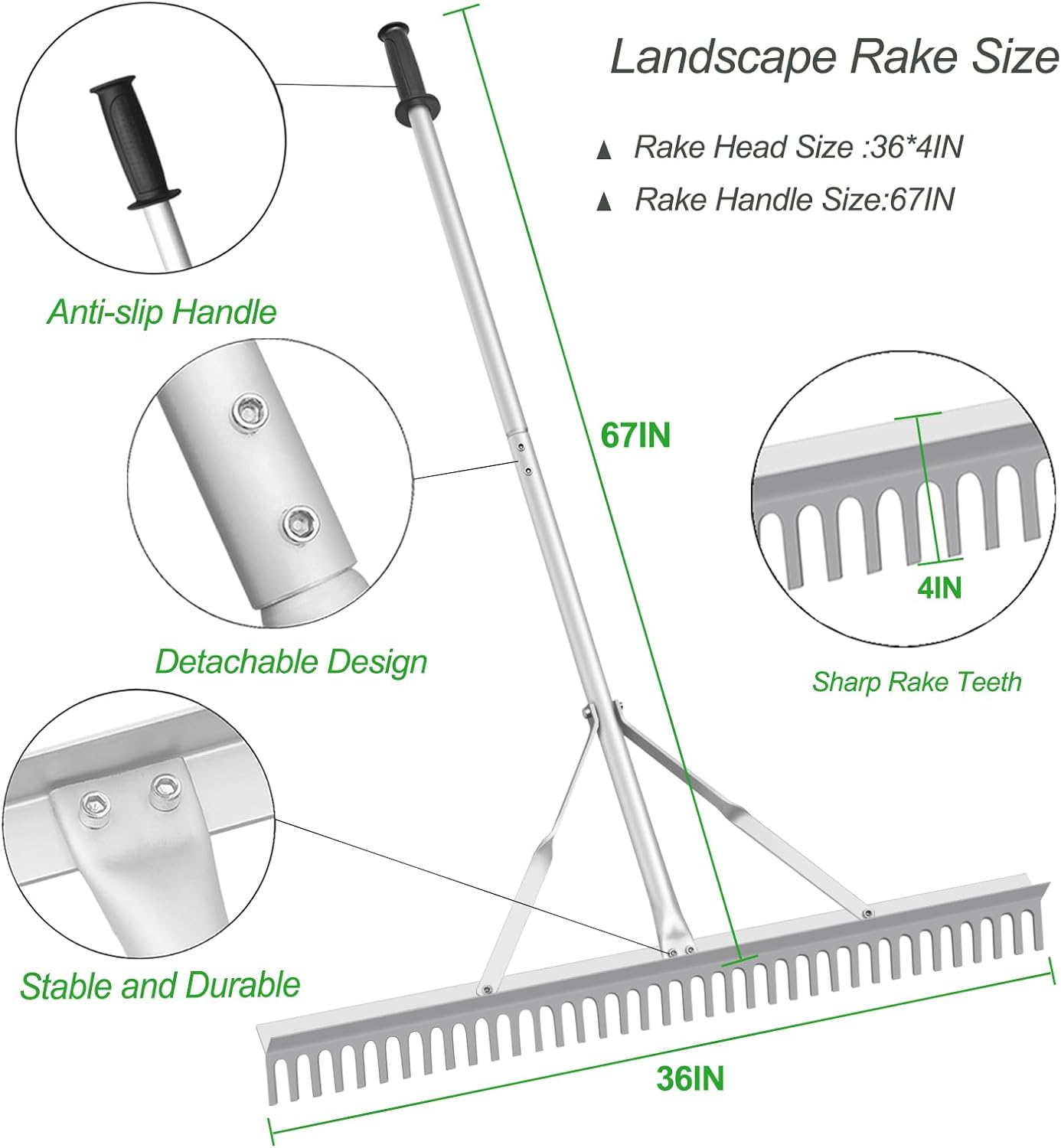 Landscape Rake 36 Inch Head, Leaf Rakes for Lawns with 67 Inch Handle,