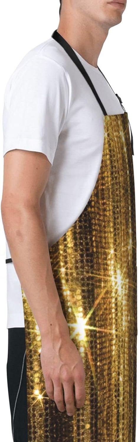 Gold Sequin Sparkle Print 28x33 In Adult Kitchen Apron with Pockets Versatile Chef Smock for Cooking Baking