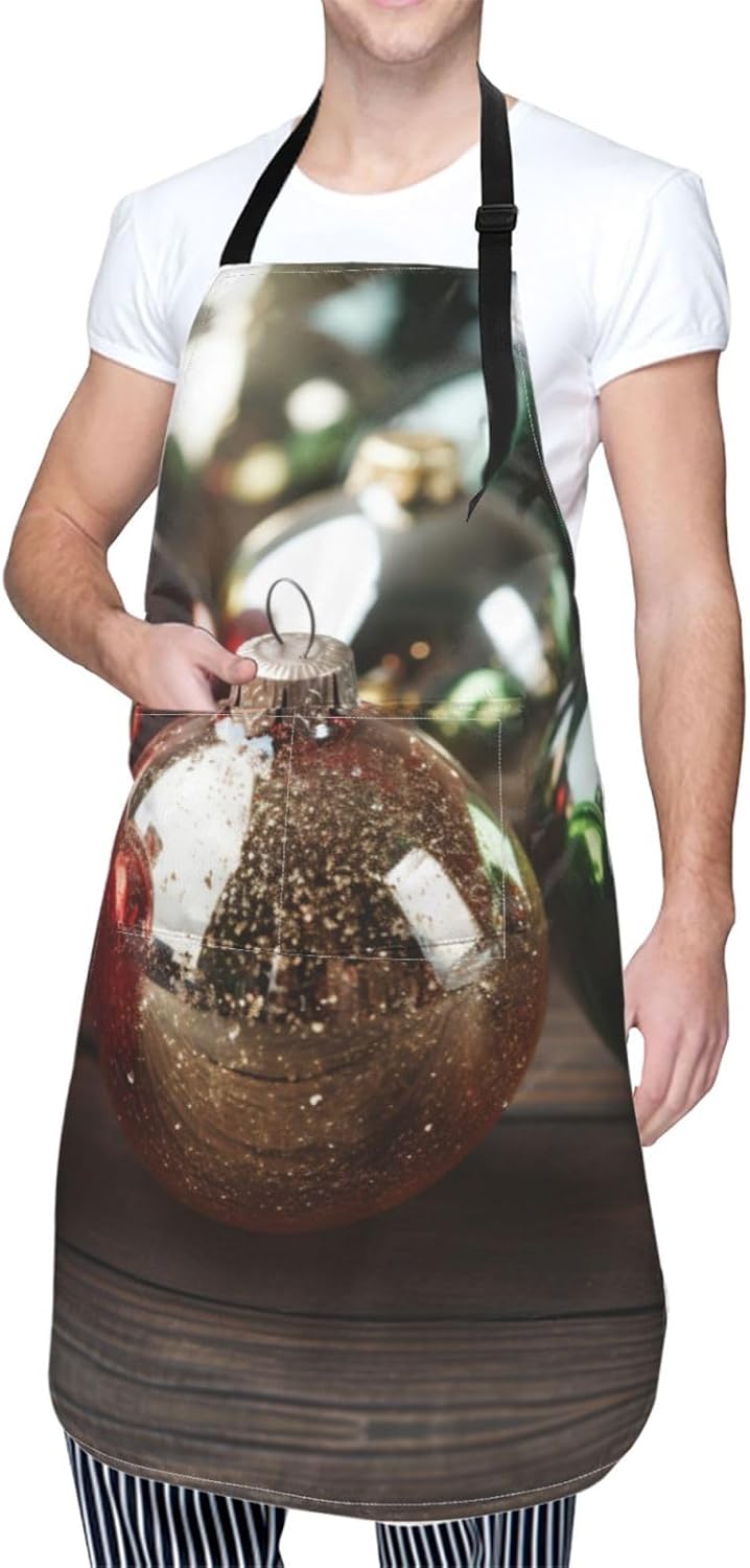 Merry Christmas Ball print Waterproof apron with pocket adjustable coo