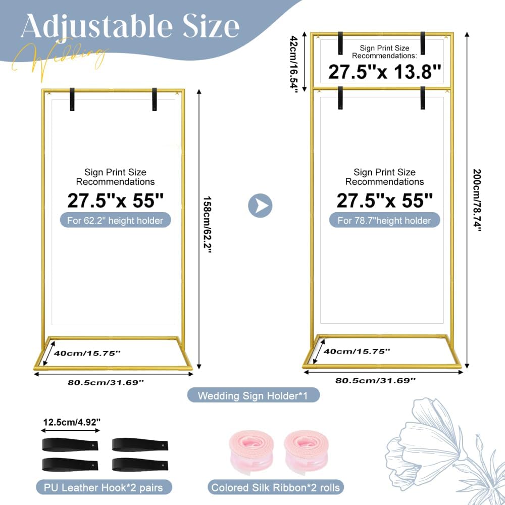 Gold Wedding Welcome Sign Stand 79"x32"x16" - Heavy Duty Metal Easel Display Holder with 2 Pairs of Leather Straps & Satin Ribbon for Wedding, Bridal Shower, Birthday Party, Baby Shower or Any Event