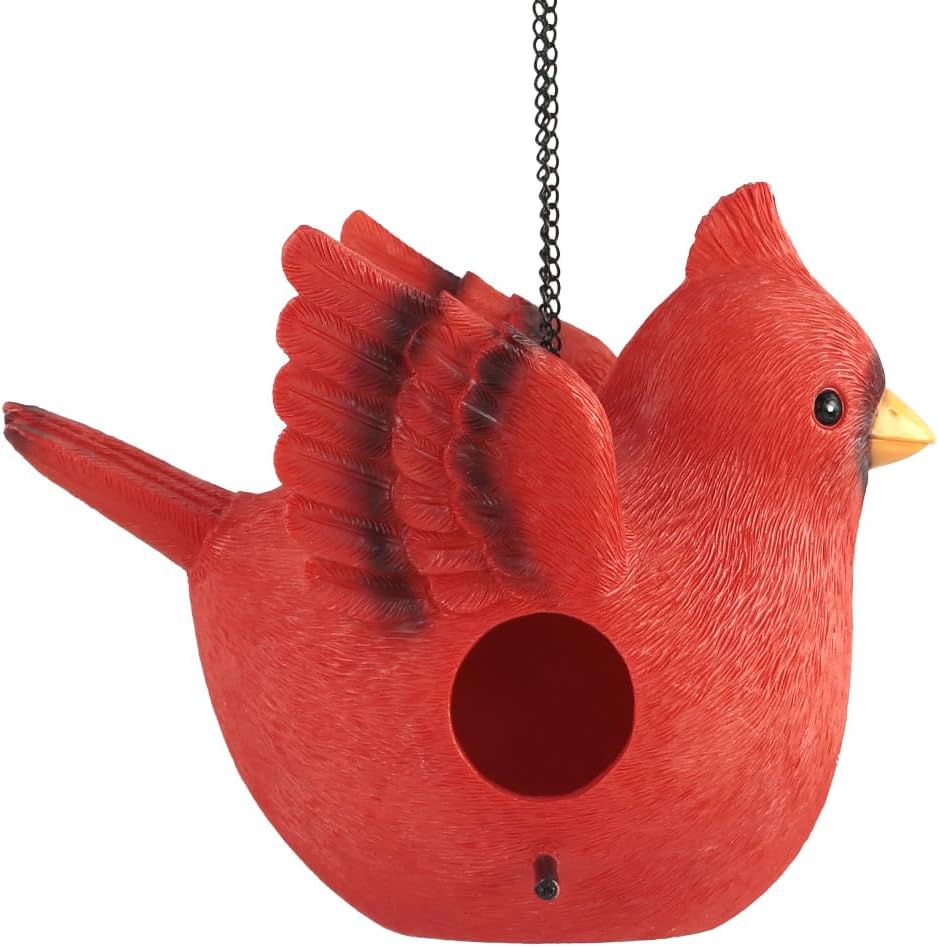 Bird House for Outside, Hanging Handcrafted Cardinal Resin Outdoor birdhouses Humming Bird, Bluebird, Wren, Camper Hanging Houses nest cage (Red, Large)