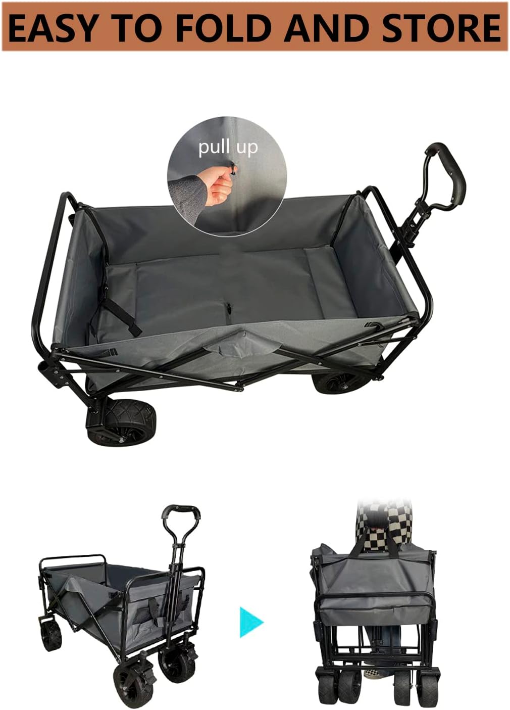 Heavy Duty Collapsible Folding Wagon Cart - Portable All-Terrain Beach & Garden Utility Cart with Wide Wheels for Camping, Fishing, Shopping, Sports - Grey