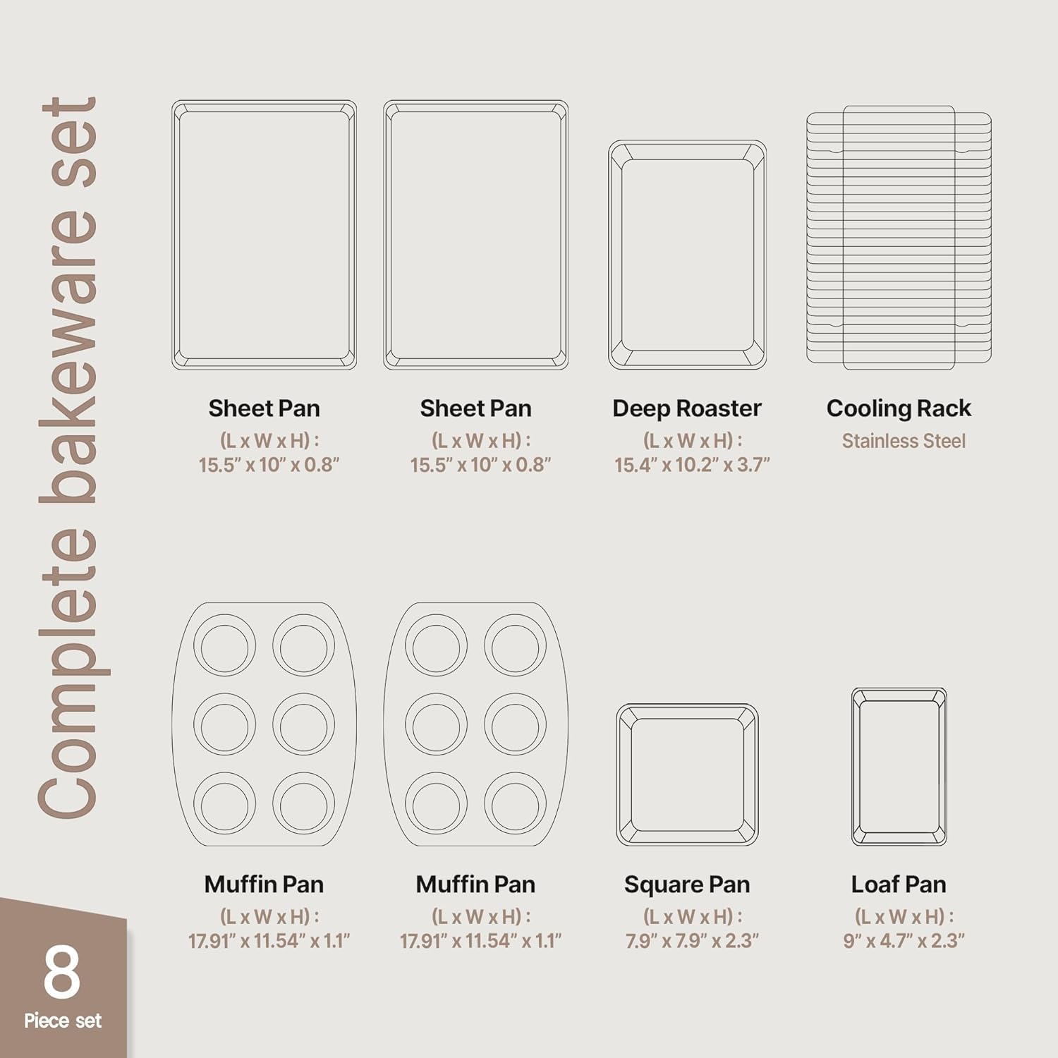 Bakken 8-Piece Ceramic Coated Bakeware Sets, Nonstick Aluminized Steel
