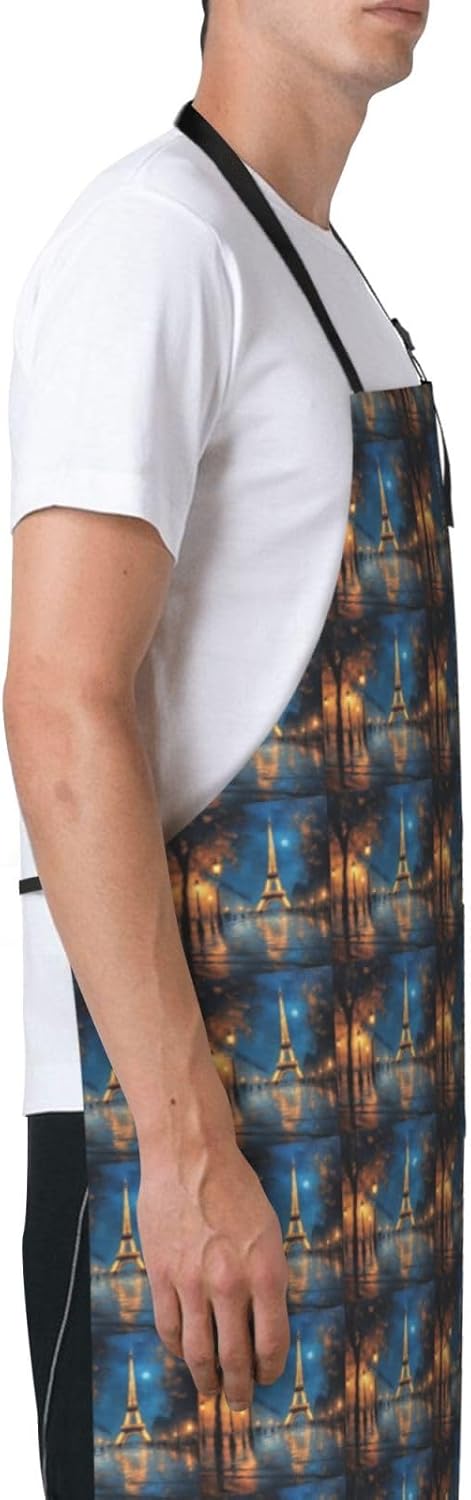 YANYU Night Paris Eiffel Tower Print 28x33 In Kitchen Apron Stylish Chef Apron with Pockets for Cooking Baking Painting