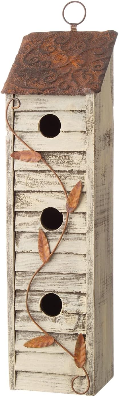 Glitzhome Bird Houses for Outside, 18" H Three-Story Solid Wood Cottage Decorative Garden Birdhouse Wooden Bird Houses with Shutter Texture Hanging Hanging Birdhouses for Outdoors,Washed White