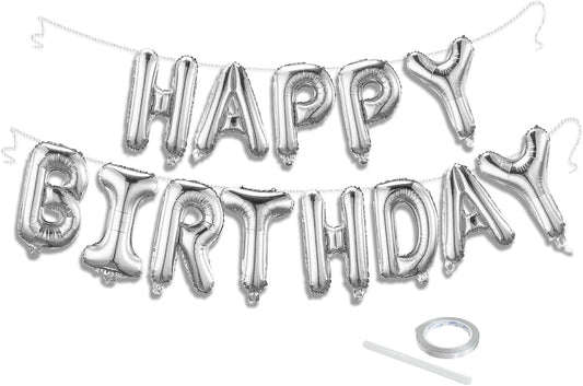 Silver Happy Birthday Balloon Banner Set -16 Inch Foil Letters Balloons, Reusable Birthday Decorations and Party Supplies, Suitable for Men and Women's Birthday Decorations，Party Backdrop