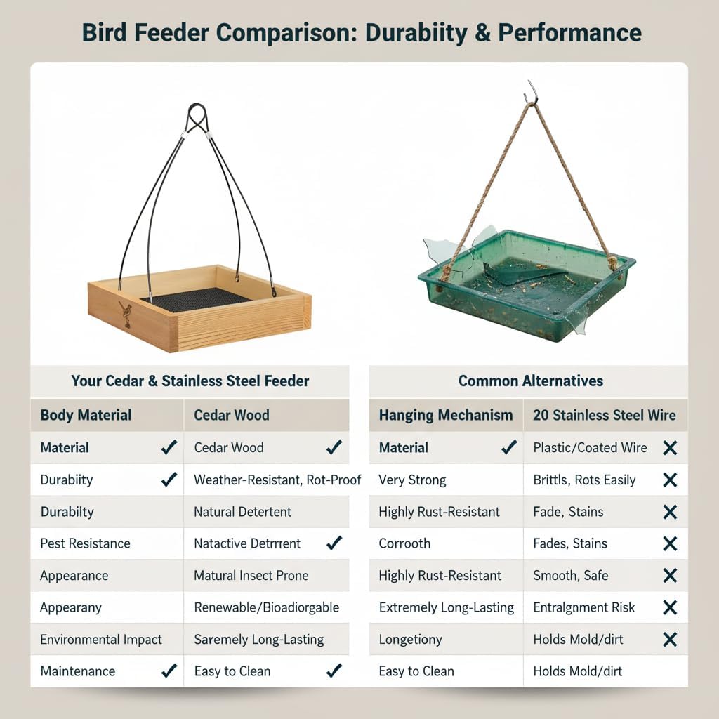 Cedar Wood Platform Tray Bird Feeder 12” - Hanging Bird Feeder for Outside Outdoor - Stainless Steel Cable Mesh Base - Weather Proof Birdfeeder for 10 Years - Longtime Outdoor Lasting Heavy Duty