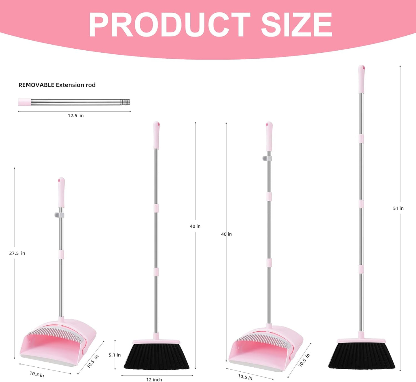 Pink Broom and Dustpan Set, 52” Long Adjustable Handle Broom with Dust