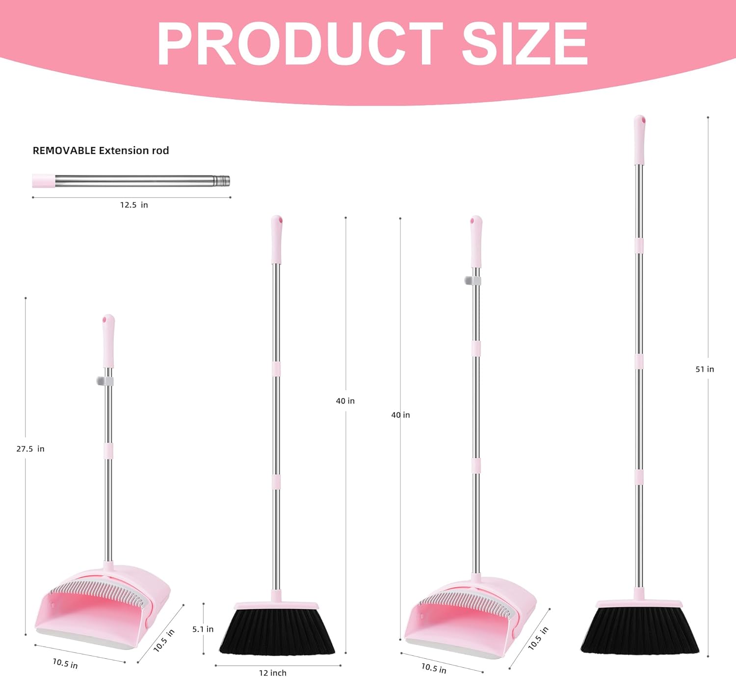 Pink Broom and Dustpan Set, 52” Long Adjustable Handle Broom with Dust