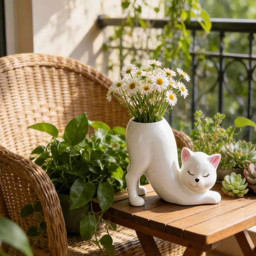 White Ceramic Cat Vase Planter – Modern Animal Home Décor Flower Pot, 