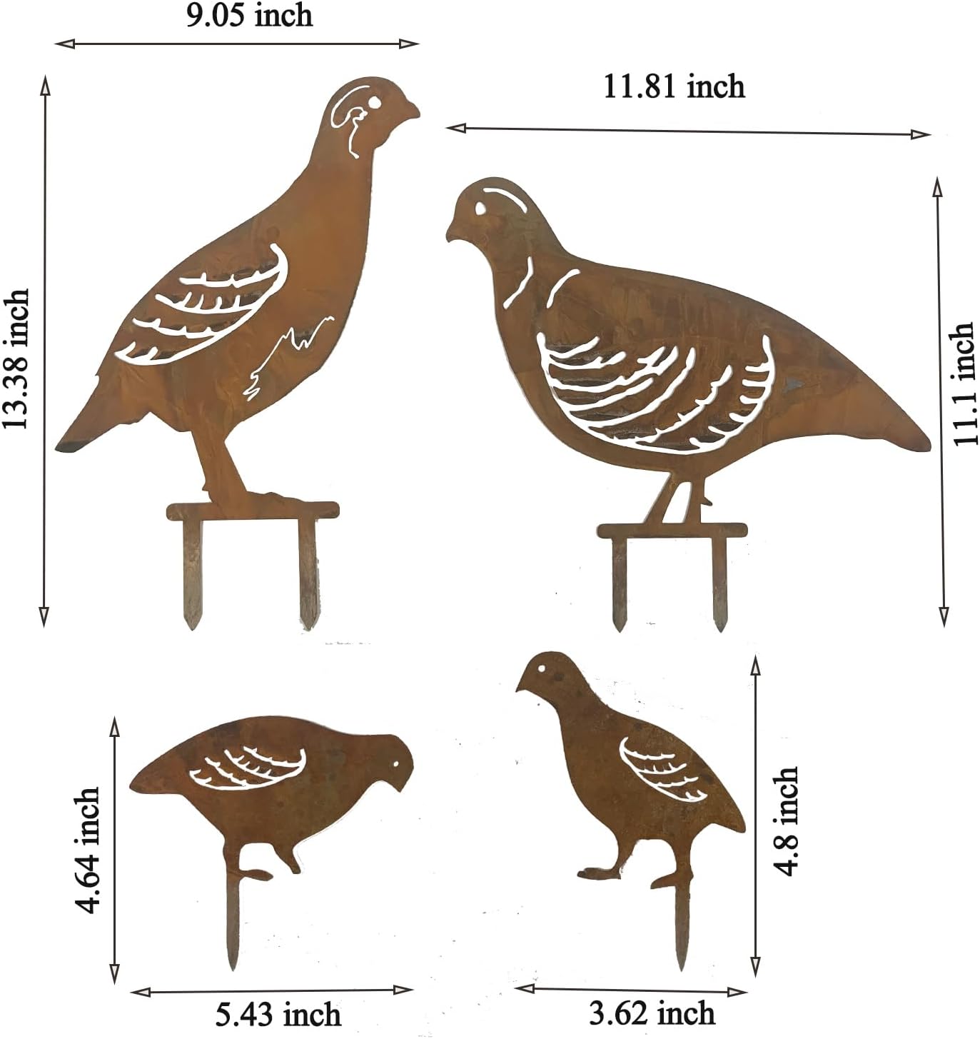 4PCS Rusty Partridge Family Decorative Garden Stakes, Metal Birds Yard