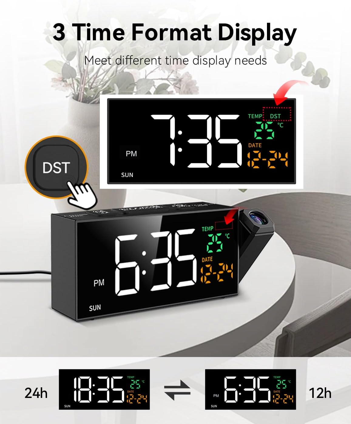 Netzu Projection Clock for Bedroom Ceiling, Alarm Clocks with 180° Rotatable Projector, Date Temperature and Weekday, Manual DST, 5 Brightness, 10 Ringtones, 4 Volumes and Snooze (Black)