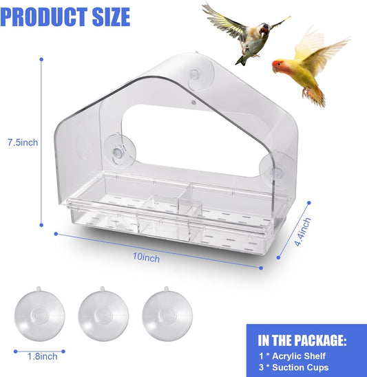 Clear Acrylic Window Bird Feeder for Outside with Suction Cups Transparent Birds Houses Tray for Viewing Wild Bird Watching Gifts for Cats, Garden Decor