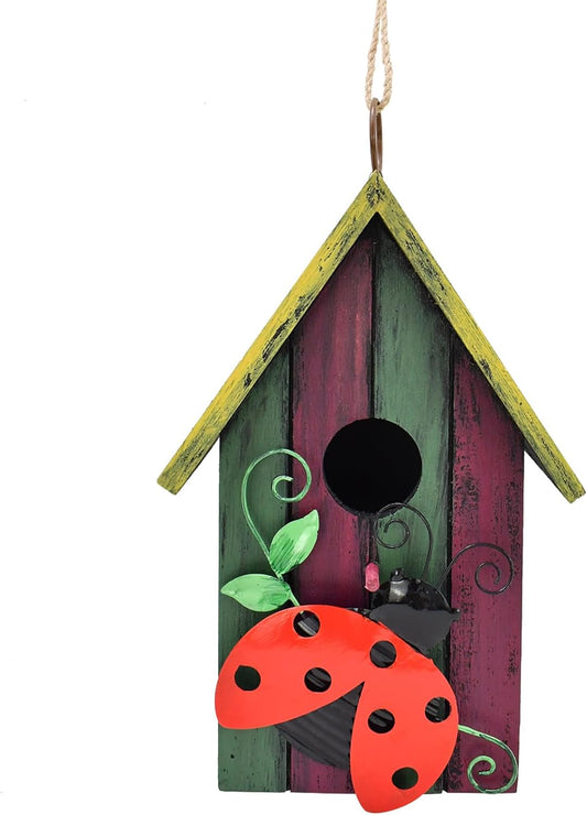 Wooden Decorative Birdhouse Hanging Bird House Hand Painted Birds Box Outdoor Garden Decor Bird Feeder for Finch Hummingbird Cardinals Bluebirds Sparrows Chickadees (Ladybug)