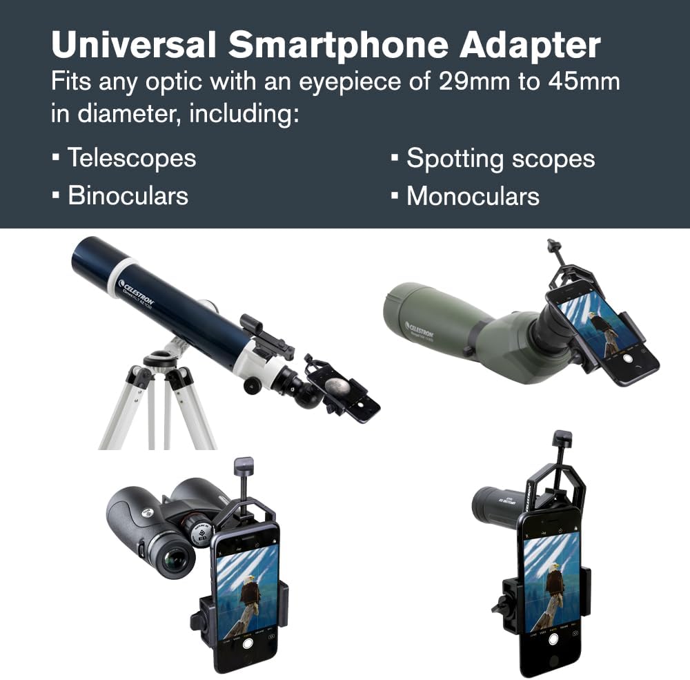 Celestron – Smartphone Adapter and Bluetooth Remote for Telescope, Binoculars & Spotting Scopes – Capture Images & Video Through Your Optics – Simple, Durable, Metal Body - Compact and Travel-friendly