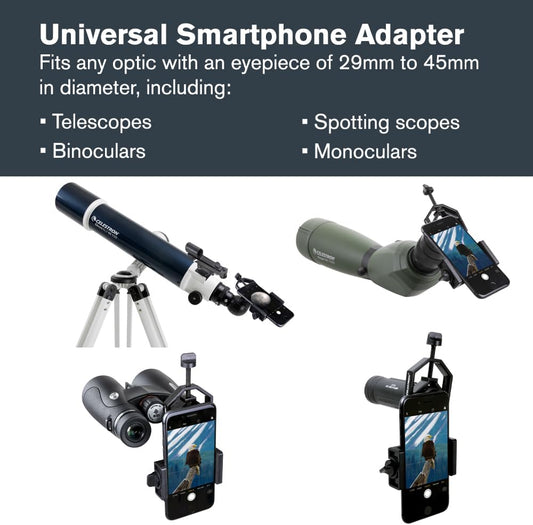 Celestron – Smartphone Adapter and Bluetooth Remote for Telescope, Binoculars & Spotting Scopes – Capture Images & Video Through Your Optics – Simple, Durable, Metal Body - Compact and Travel-friendly