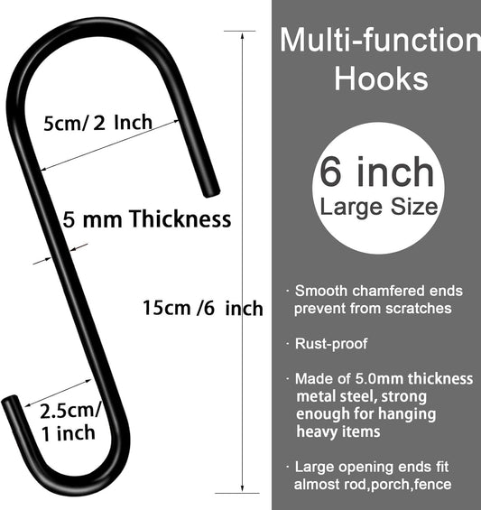 HiGift 8 Pack 6 Inches S Hooks for Hanging Plant Heavy Duty, Thick Wire Steel Large Black S Shaped Hook Hanger for Hanging Plants, Bird Feeders, Garden Tools,Ladder, Pool Equipment Tools,Kitchenware