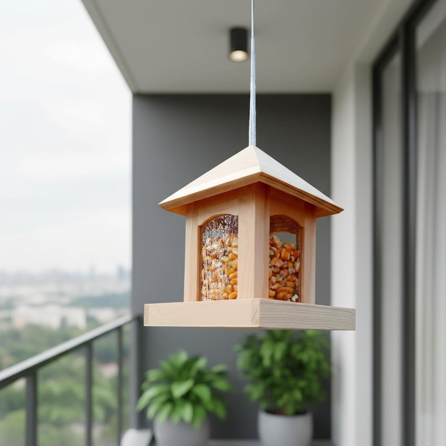 Wooden Bird Feeder for Outdoors, Hanging Bird Feeder with Perch to Welcome Various Birds, Weather-Resistant Birdfeeder for Garden or Balcony