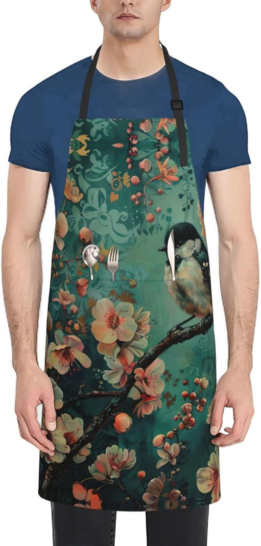 Flower and Bird Art print Waterproof apron with pocket adjustable cooking apron for adult kitchen bibs to bake