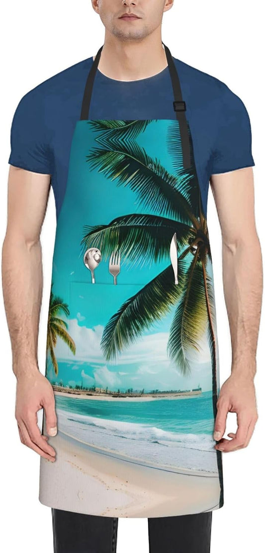 Beach Palm Trees print Waterproof chef's apron with pocket apron for kitchen cooking baking barbecue and gardening