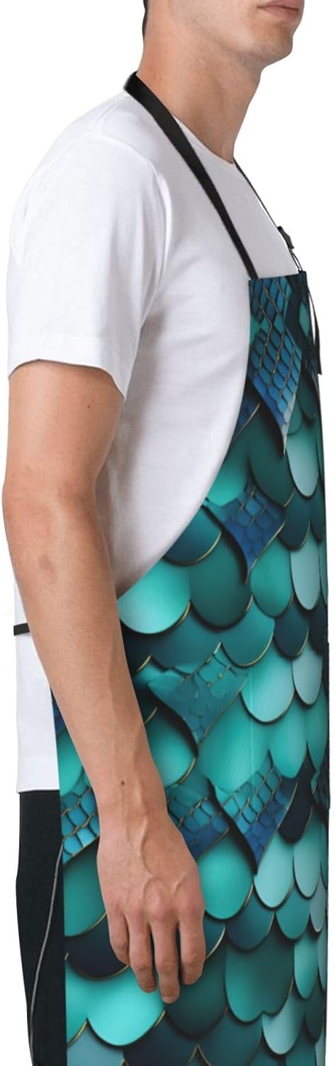 Mermaid fish scale print print Waterproof chef's apron with pocket apron for kitchen cooking baking barbecue and gardening