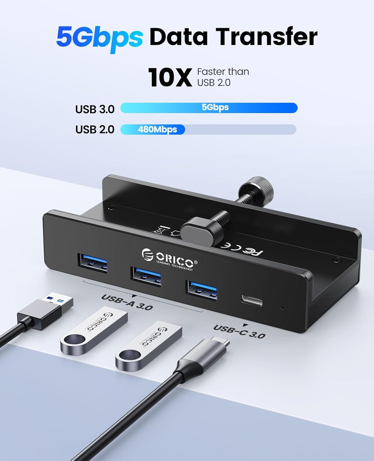 ORICO USB Hub 3.0, Clamp USB Hub with Extra Power Supply Port, Aluminu