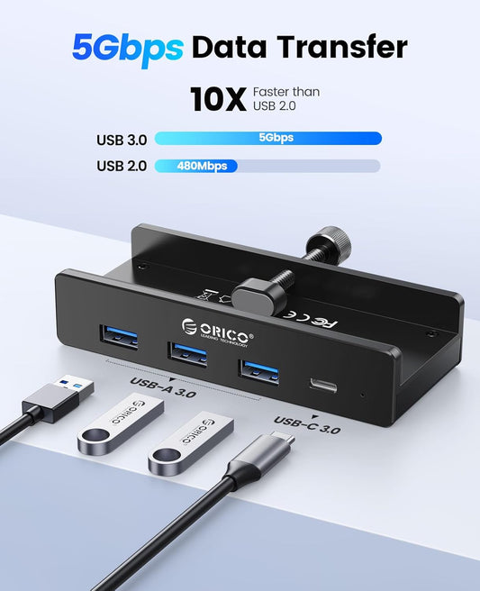 ORICO USB Hub 3.0, Clamp USB Hub with Extra Power Supply Port, Aluminu