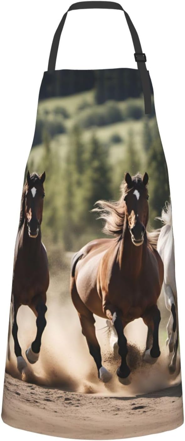 Three running horses print Waterproof chef's apron with pocket apron for kitchen cooking baking barbecue and gardening