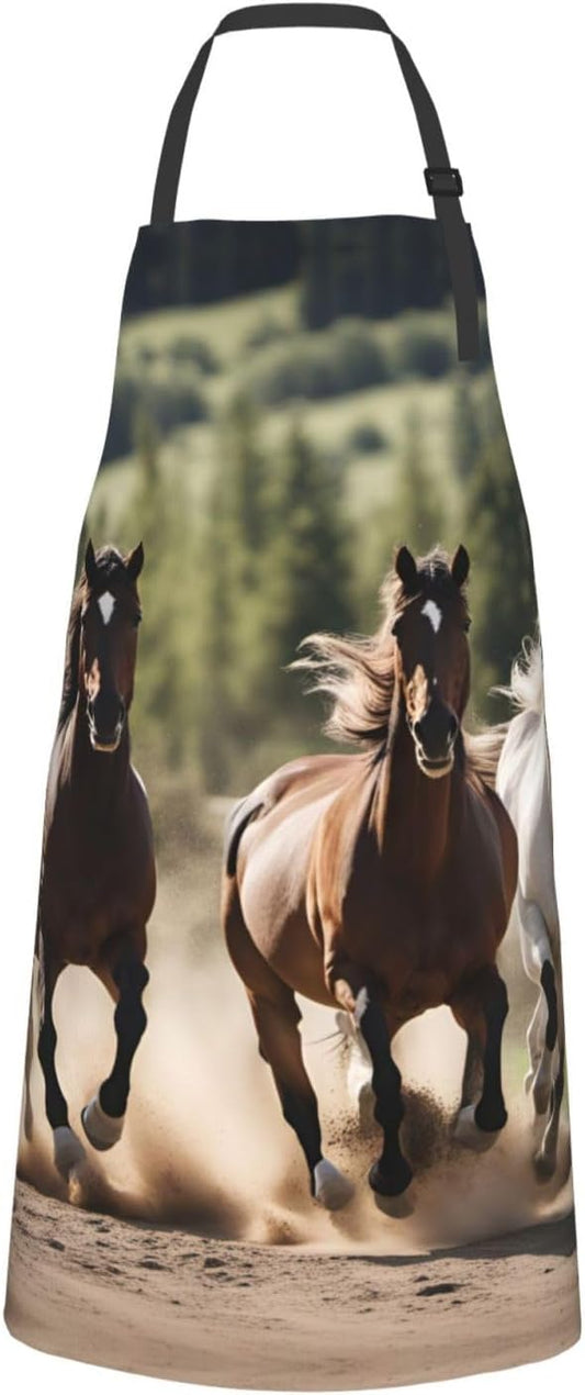 Three running horses print Waterproof chef's apron with pocket apron for kitchen cooking baking barbecue and gardening
