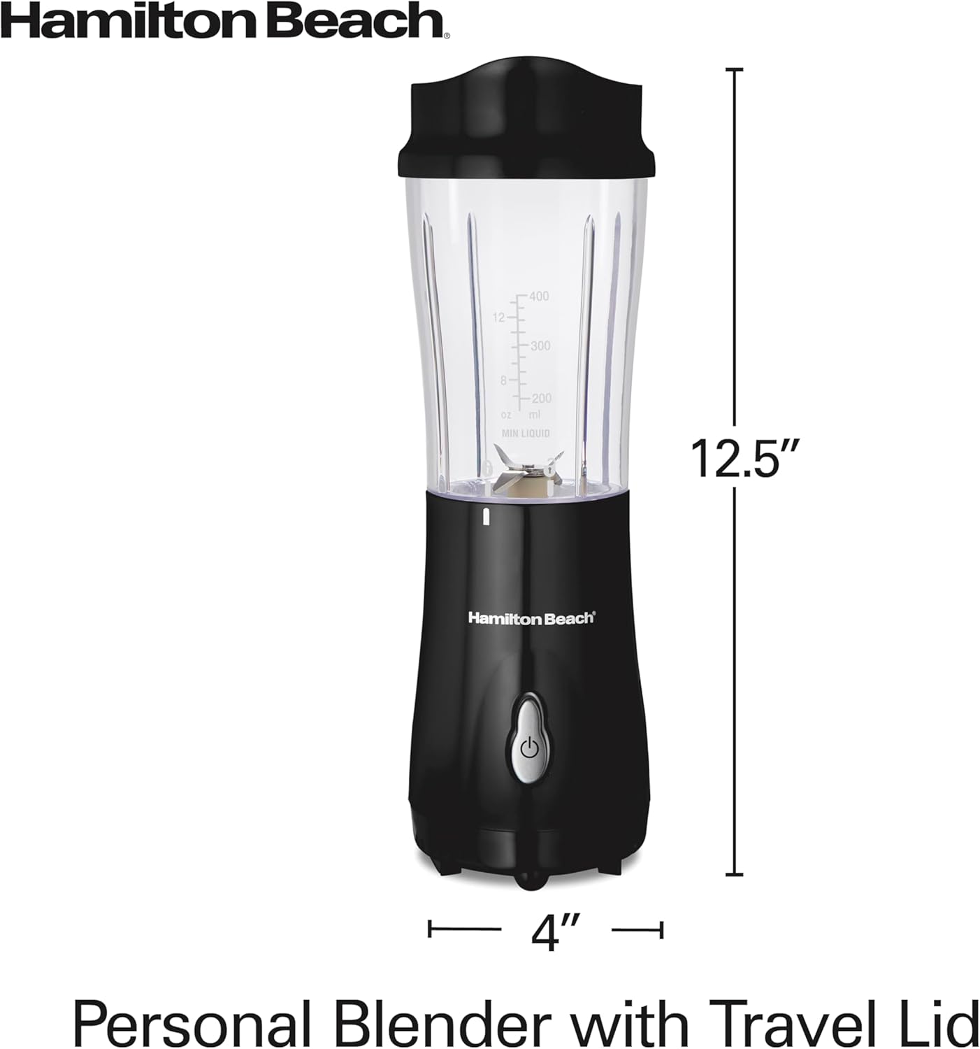 Hamilton Beach Portable for Shakes and Smoothies, 14 Oz BPA Free Travel Cup & Lid, Durable Stainless Steel Blades, Personal Smoothie, Black (51101AG)