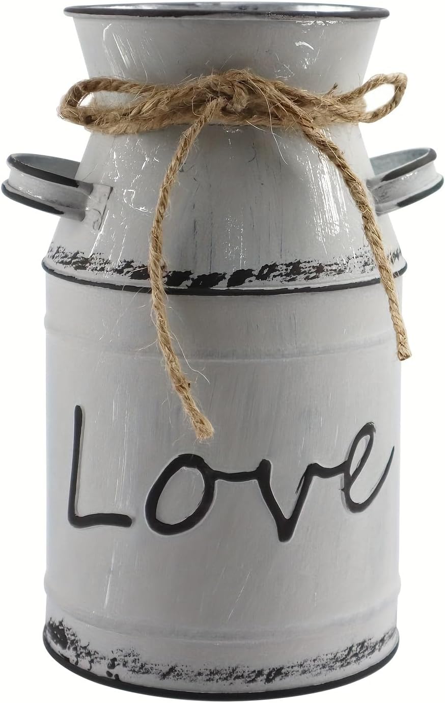 Love Pattern Vase Galvanized Antique Retro Milk Can Metal Planter Rustic Vintage Primitive Flower Holder Farmhouse Country Plant for Home Office Decor, 7.6” Gray