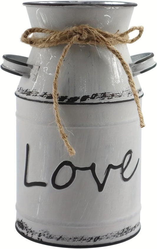 Love Pattern Vase Galvanized Antique Retro Milk Can Metal Planter Rustic Vintage Primitive Flower Holder Farmhouse Country Plant for Home Office Decor, 7.6” Gray