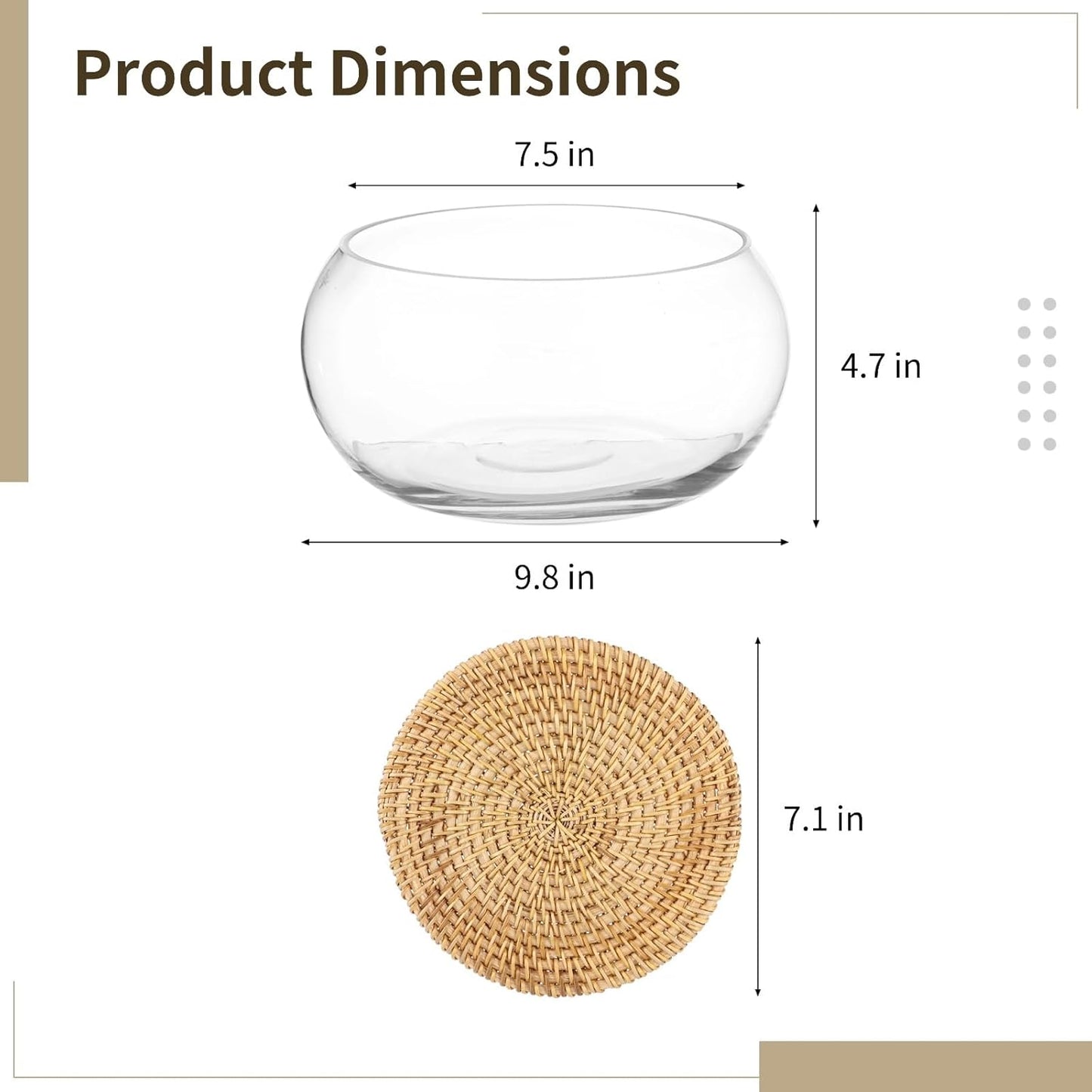 Lotus Bowl Planter with Rattan Mat - 10 in Round Glass Vase Bowl Hydroponic Lotus Planter Pot Propagation Vases Fish Bowl for Water Greens, Transparent Decorative Lotus Pot, Fish Tank