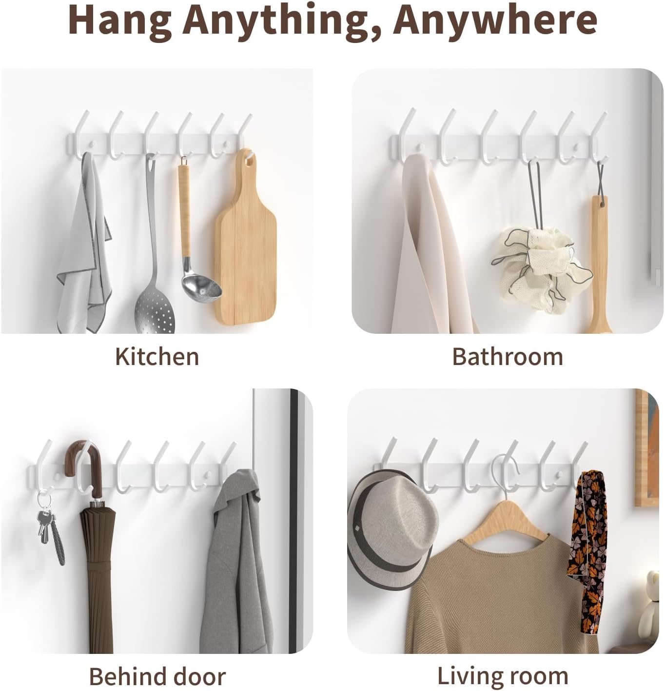 Coat Rack Wall Mount Hooks - 15 Inch Matte White Metal 6-Hook Organizer Wall Mounted, Modern Kids Room, Entryway & Bathroom Hanger for Beach Towels, Coats, Purses, Bags (1 Pack)