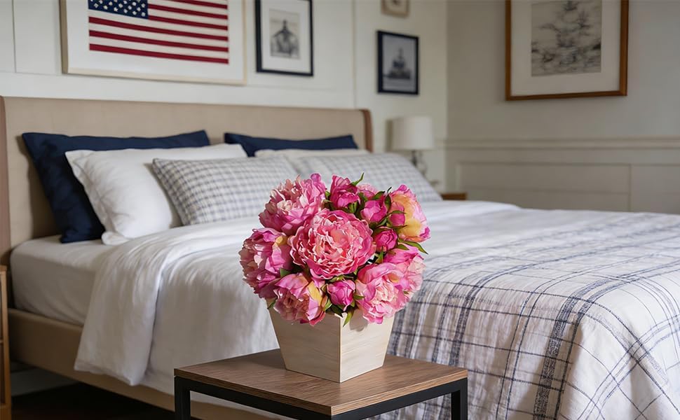 Peonies Artificial Flowers with Wood Pot, 12Pcs Pink Silk Flower Home Decor, Centerpieces for Tables, Floral Bulk with Planter, Lifelike Peony for Windows Office Dinning Room Bookshelves