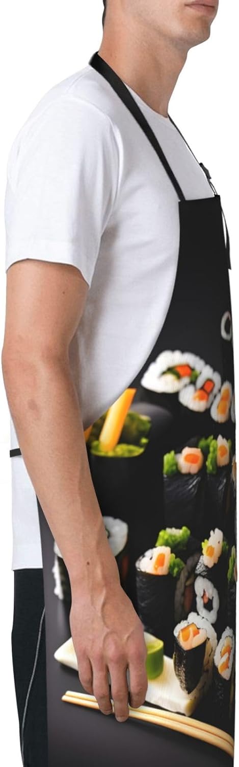 Japanese Sushi Black print Waterproof apron with pocket adjustable cooking apron for adult kitchen bibs to bake