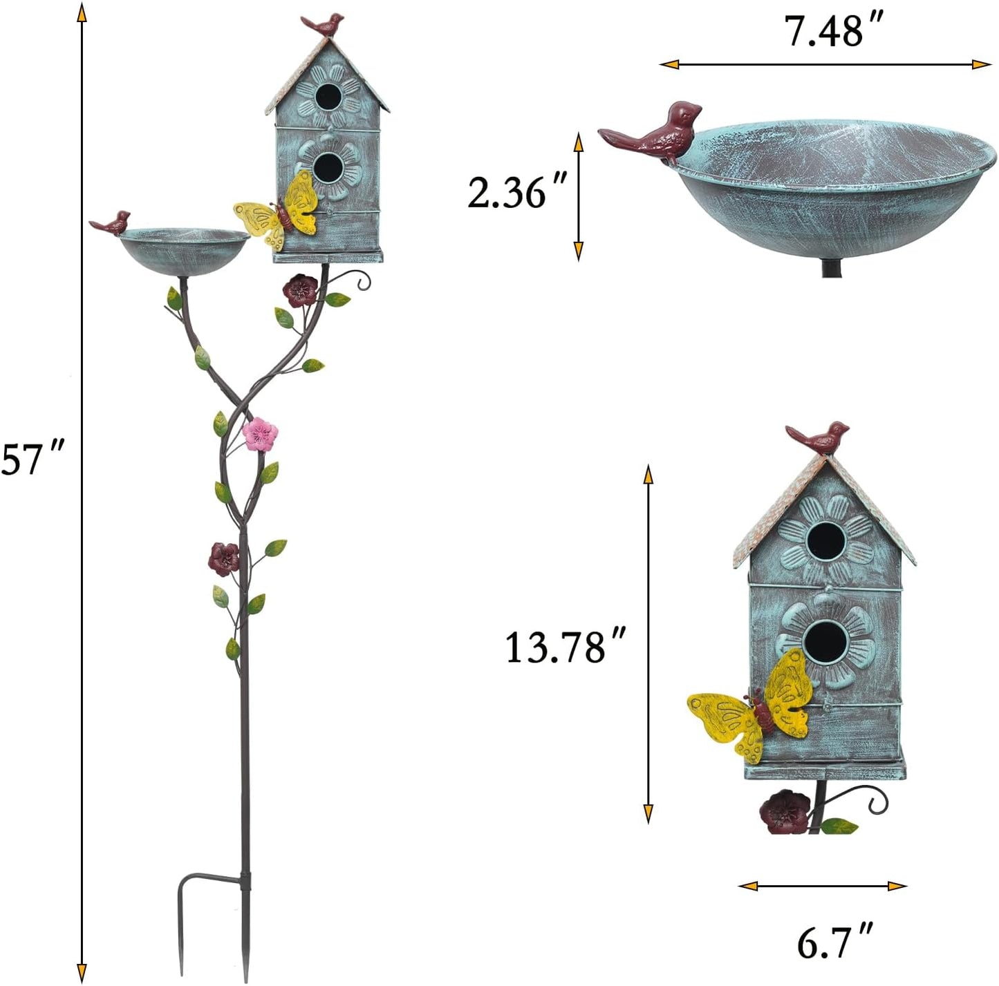 57" H Metal Bird Bath Bowl and Bird House 2-in-1 Design for Outdoors, Garden Yard Decor