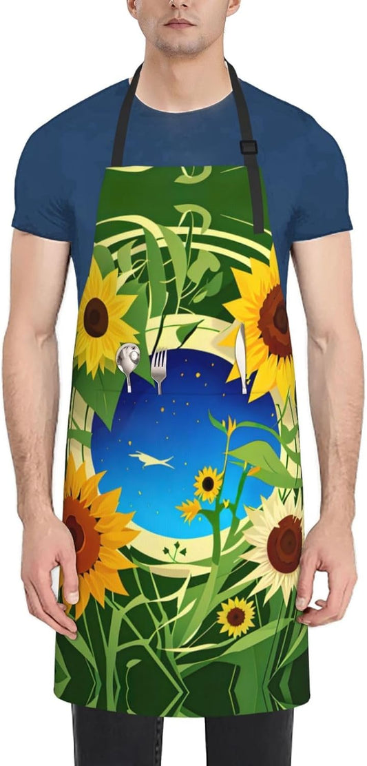 Sunflower Pattern print Waterproof chef's apron with pocket apron for kitchen cooking baking barbecue and gardening