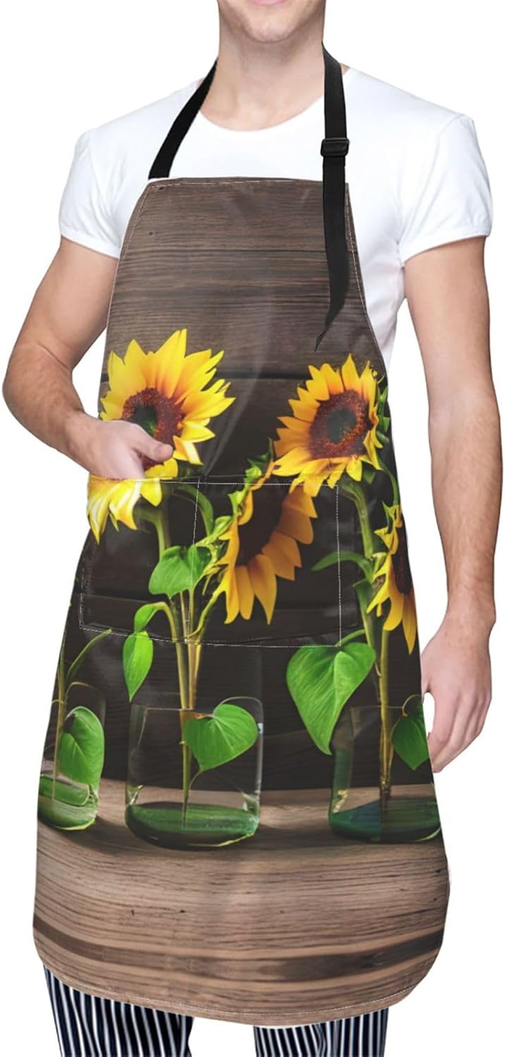Three Sunflowers on Wooden print Waterproof chef's apron with pocket a