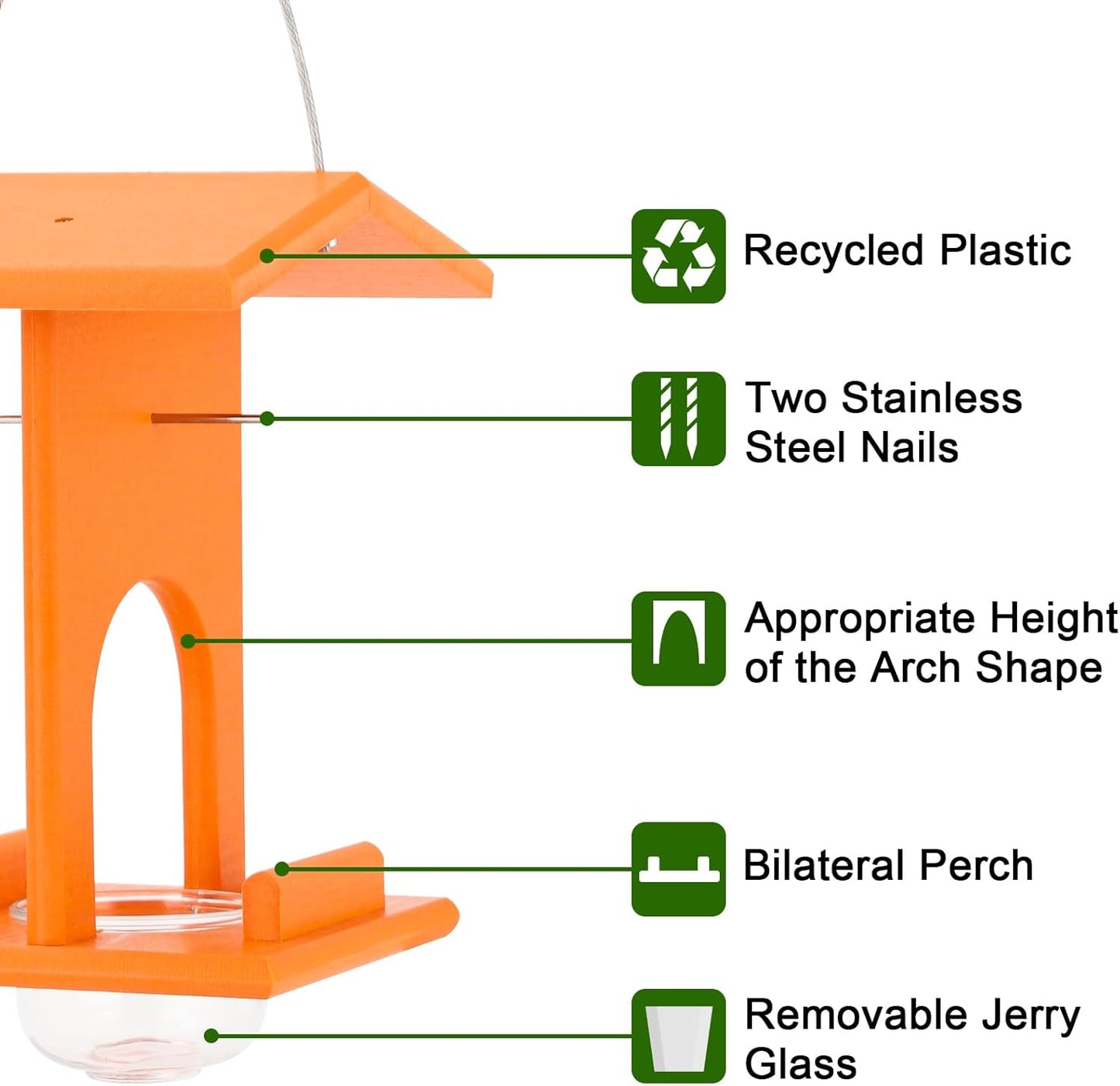 Oriole Feeders for Outdoors Hanging,All-in-One Recycled Plastic Oriole Feeder with A Removable Glass Cup Jelly or Jam, Fruit, Nectar or Seed for Orioles,Orange,1 Pack