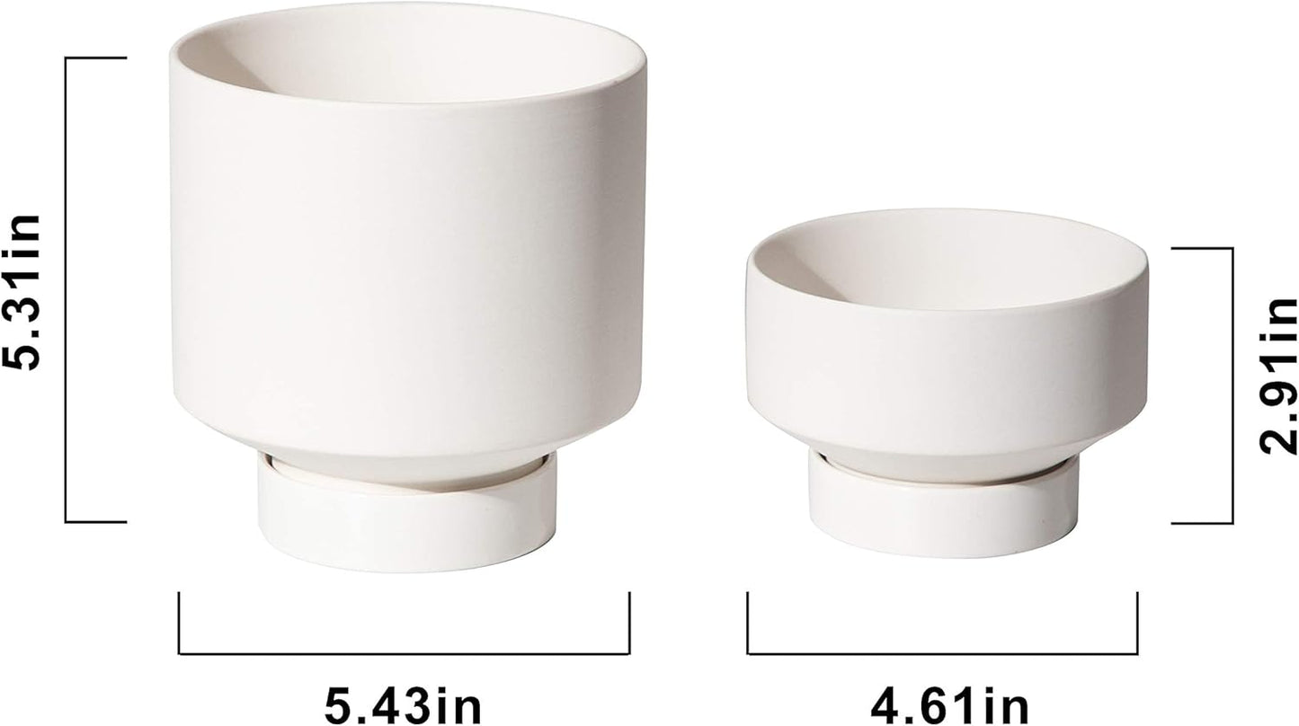 UBEE Plant Pot for Indoor Plants | 5.43 + 4.61 Inch Ceramic Flower Pot | Small Planter Pots with Drainage Hole and Saucer for Herb, Cactus and Orchid, 2 Set, White