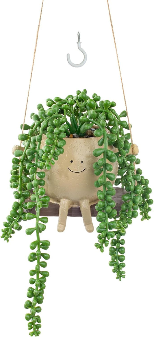 Artificial Hanging String of Pearls Succulent in Cute Smiley Face Swing Planter, Fake Trailing Succulent Plant for Indoor Outdoor Home Wall & Window Decor | Includes Hanging Hook