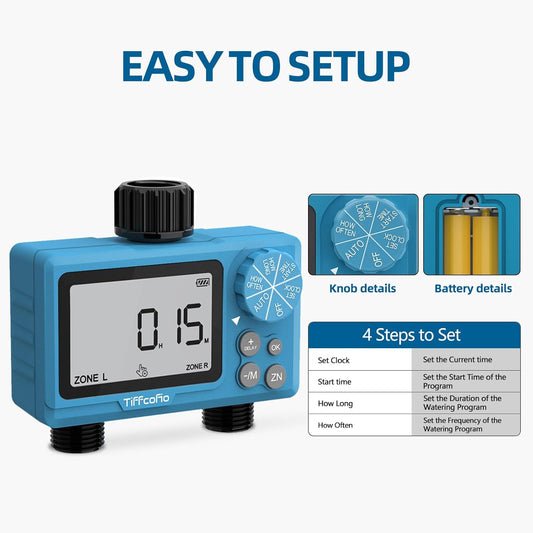 TiFFCOFiO Sprinkler Timer Outdoor, Digital Pogrammable for Garden Hose, Irrigrtion Timer with Rain Delay and Manual Mode (2 Oulets, 1 Pack)