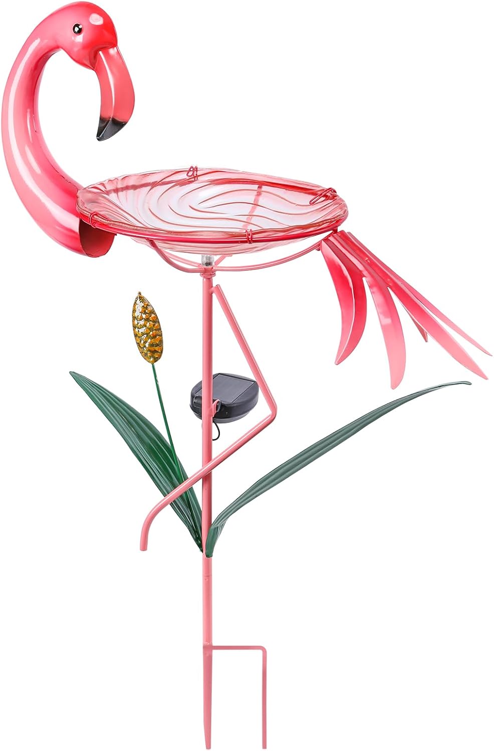 MUMTOP Flamingo Bird Bath with Solar Lights, Glass Birdbaths Birdfeeder Bowl with Metal Stake and Flamingo Decorations for Outside Garden Yard Lawn Outdoor