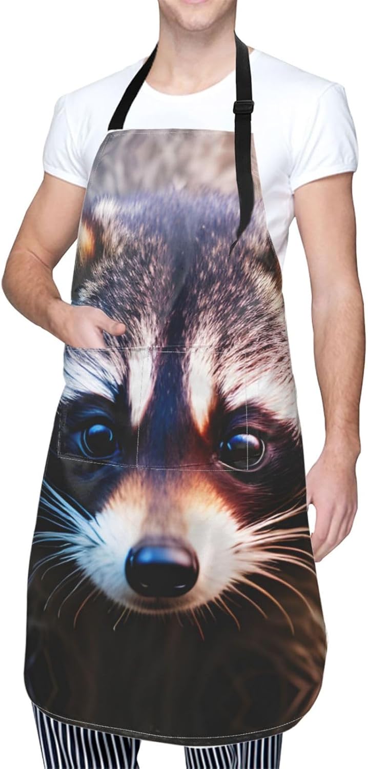 Little Raccoon Face print Waterproof chef's apron with pocket apron for kitchen cooking baking barbecue and gardening