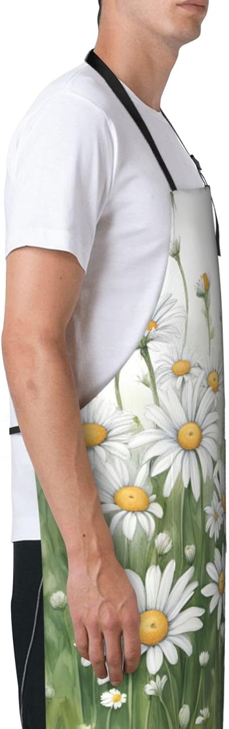 White Daisy print Waterproof apron with pocket adjustable cooking apron for adult kitchen bibs to bake